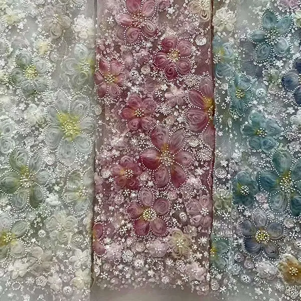 3D szalag virág hímző háló flitterekkel és gyöngyökkel