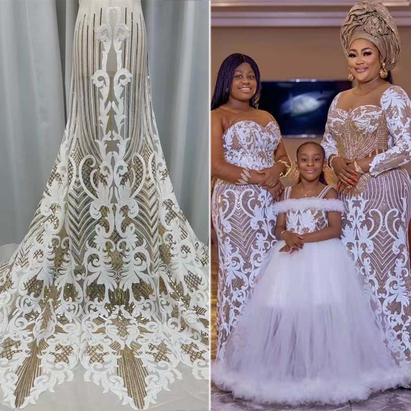 2021 Laser Cut African Polyester Lace Fabric With Sequins Nigeria Laces